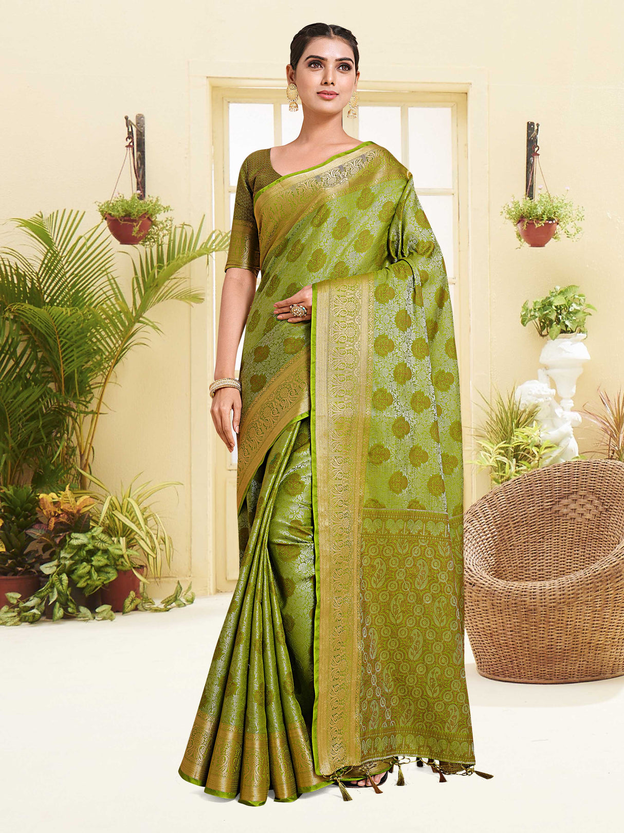 Mimosa Womens Art Silk Saree Kanjivaram Olive Color