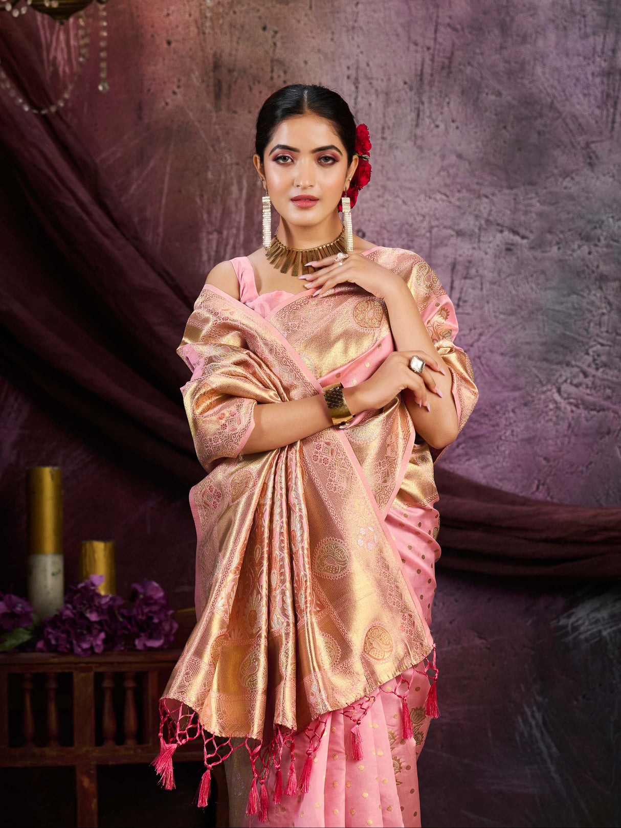 Mimosa Women's Woven Design Kanjivaram Art Silk Saree With Blouse Piece : SA0000905PNK