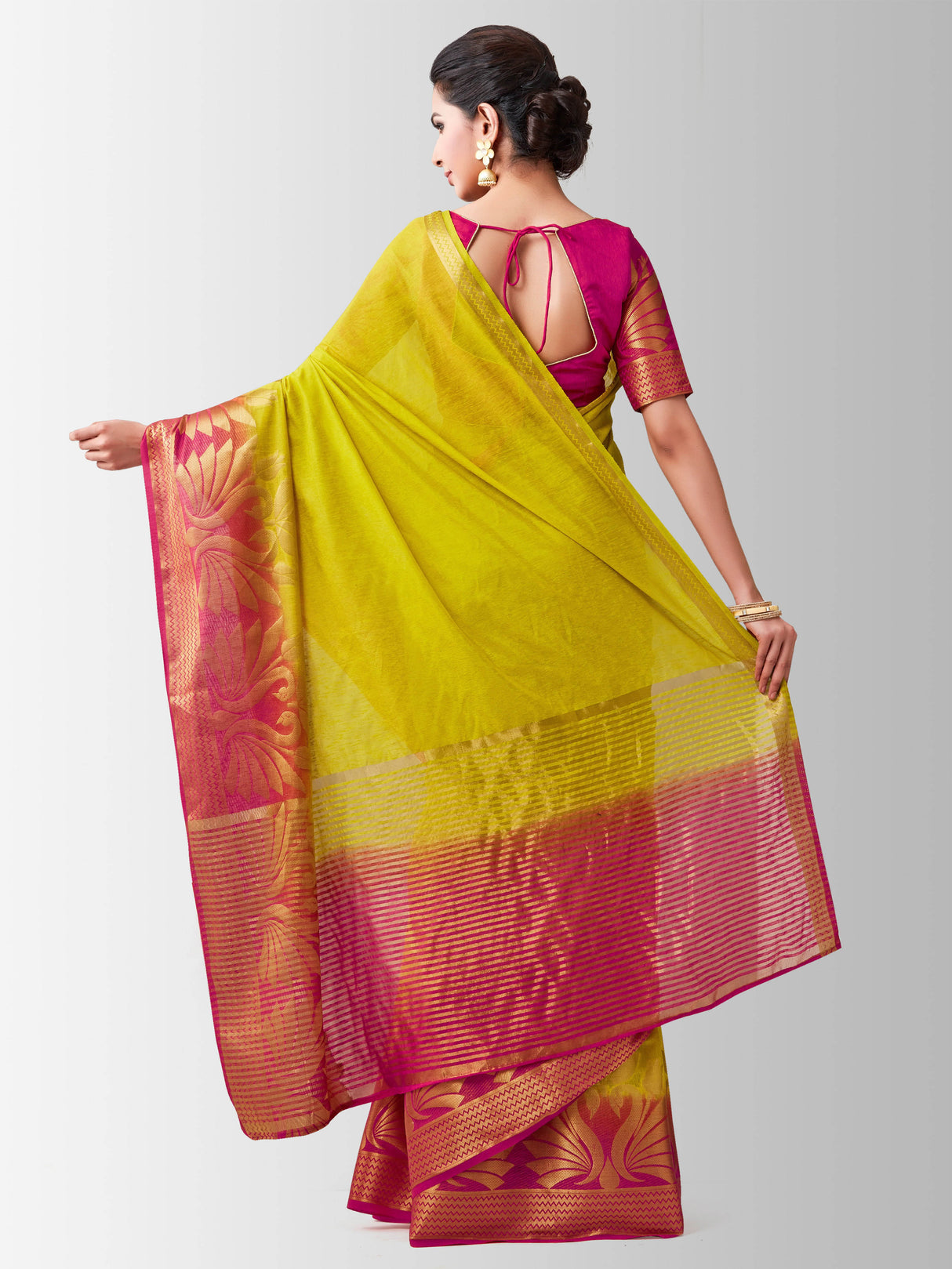 Mimosa Womens Linen Saree Kanjivaram style Olive Color