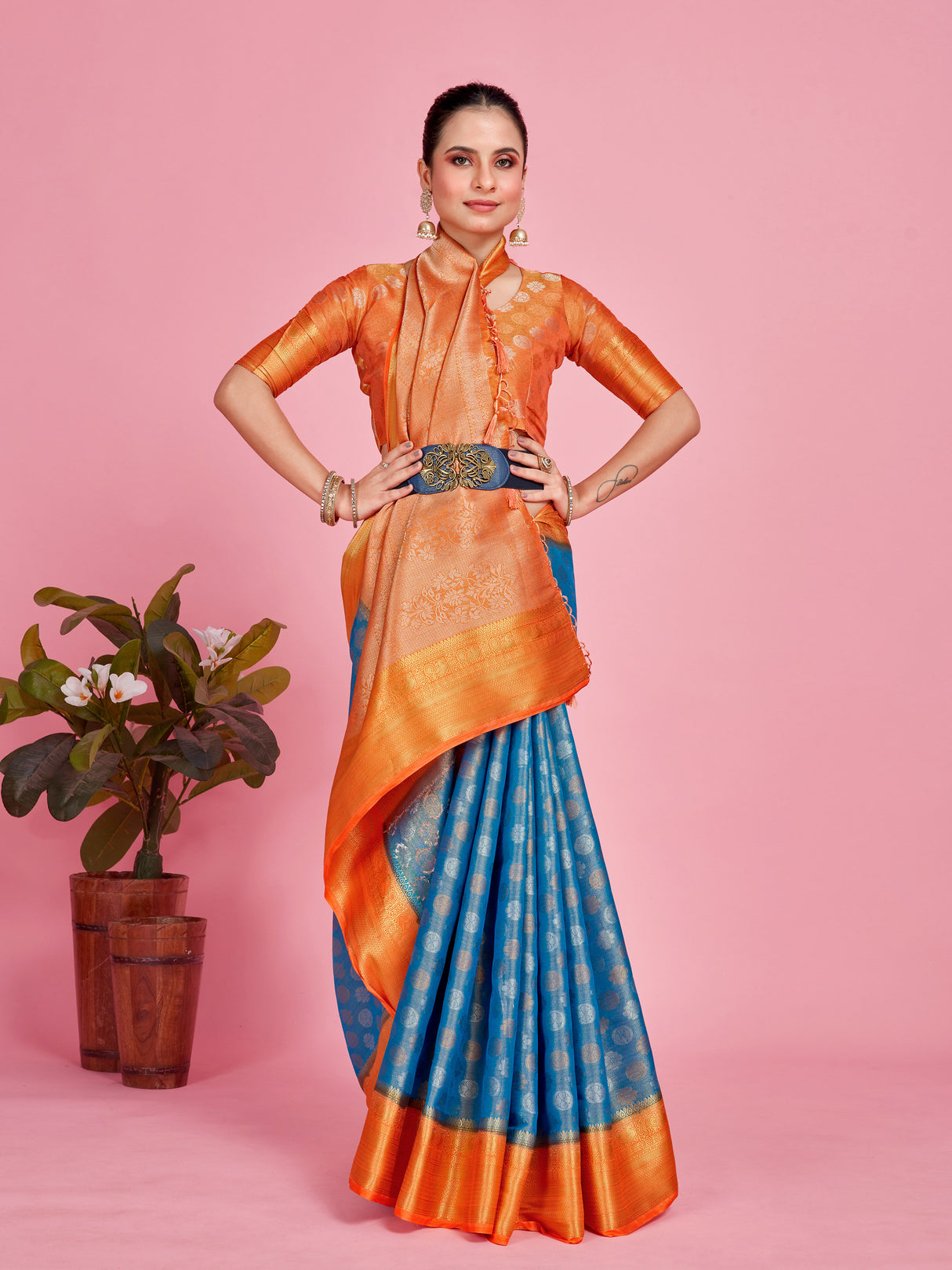 Mimosa Women's Woven Design Kanjivaram Style Art Silk Saree With Blouse Piece : SA0000410ANFREE