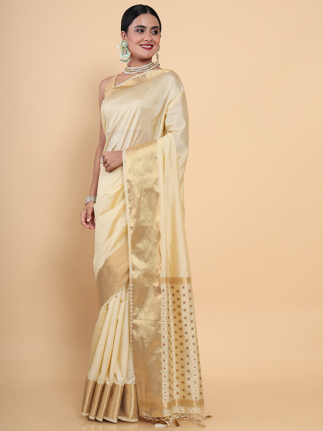Mimosa Womens Art Silk Saree Kasavu Cream Color
