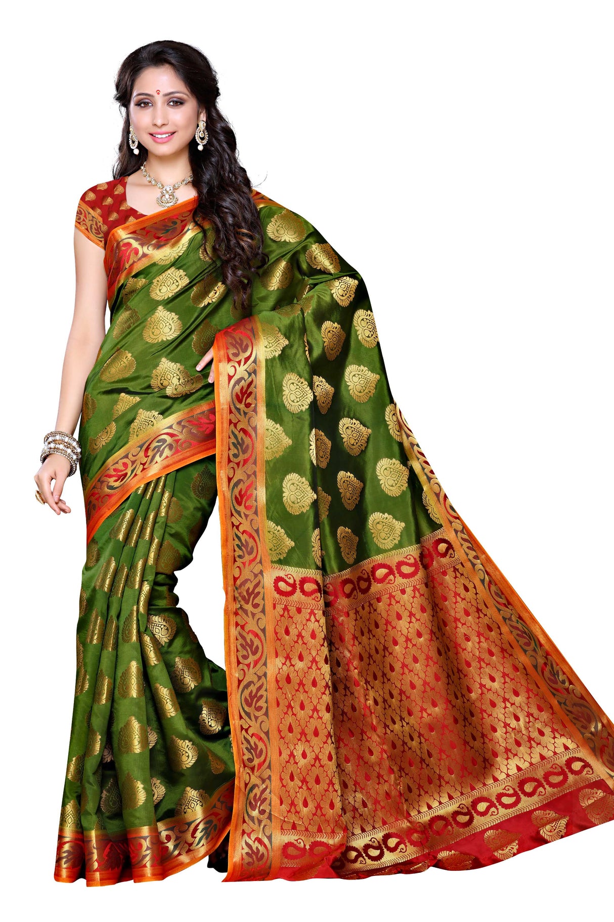 Mimosa Womens Art Silk Saree Kanjivaram Olive Color
