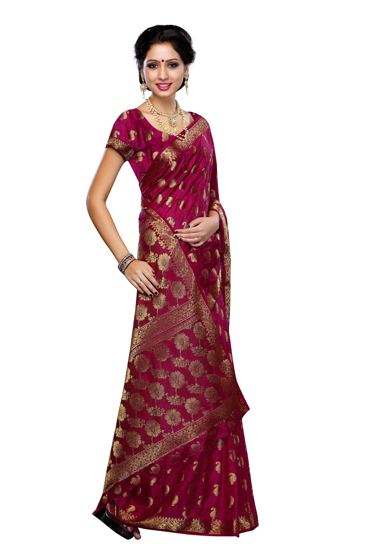 Mimosa Womens Tussar Silk Saree Kanjivaram style Mejanta Color