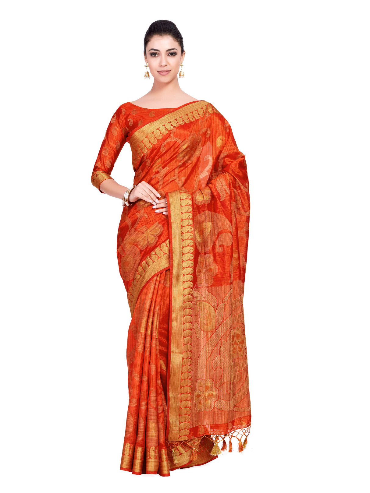 Mimosa Womens Art Silk Saree Kanjivaram Orange Color