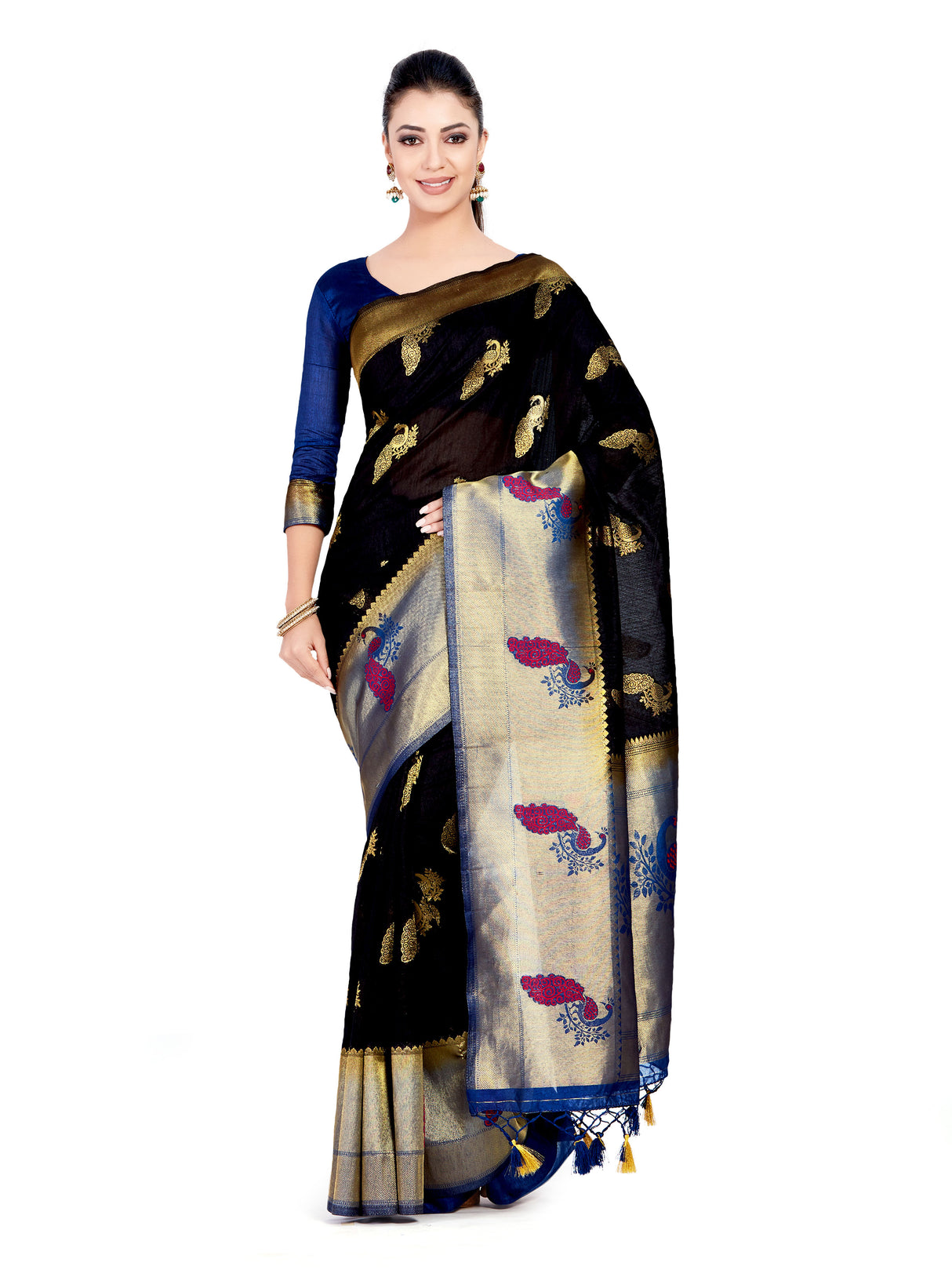 Mimosa Womens Art Silk Saree Kanjivaram Black Color