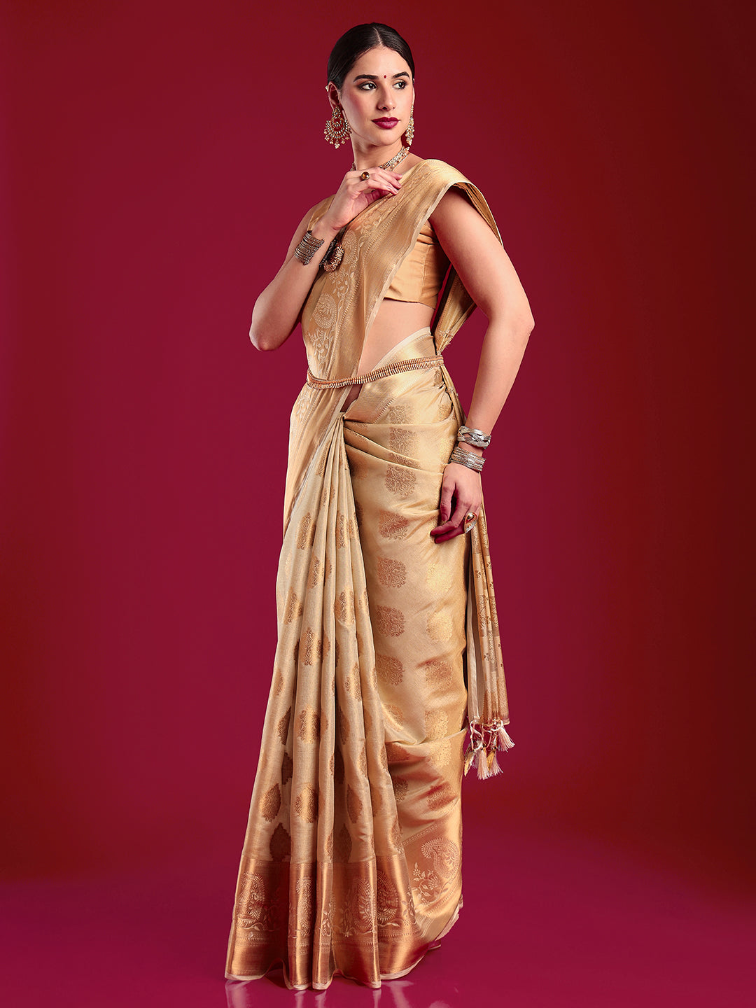 Mimosa Women's Woven Design Kanjivaram Art Silk Saree With Blouse Piece : SA00001196CRFREE