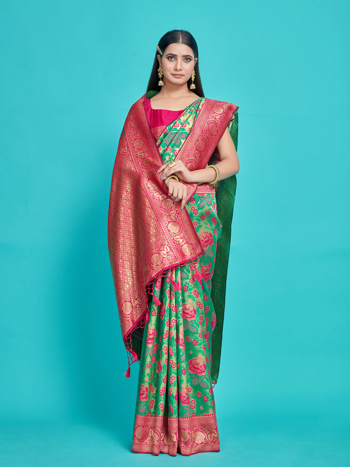 Mimosa Women's Woven Design Kanjivaram Style Art Silk Saree With Blouse Piece : SA00001335GRNFREE