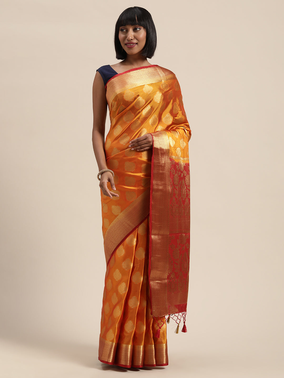 Mimosa Womens Crepe Saree Mysore Silk Gold Color