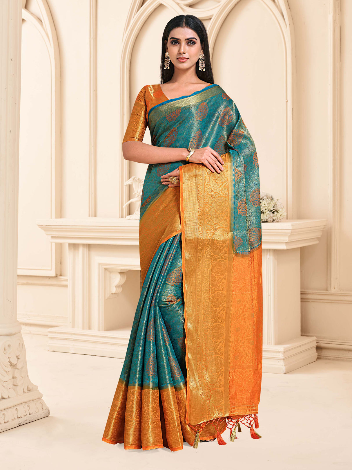 Mimosa Womens Art Silk Saree Kanjivaram Saffire Color