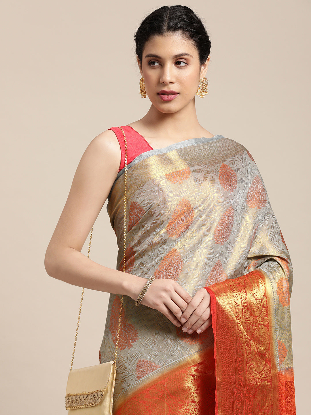 Mimosa Womens Art Silk Saree Kanjivaram Grey Color