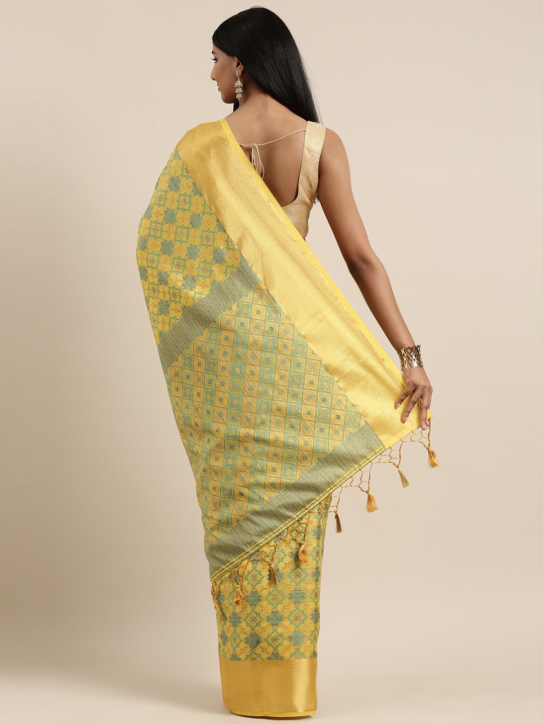 Mimosa Womens Art Silk Saree Patola Yellow Color