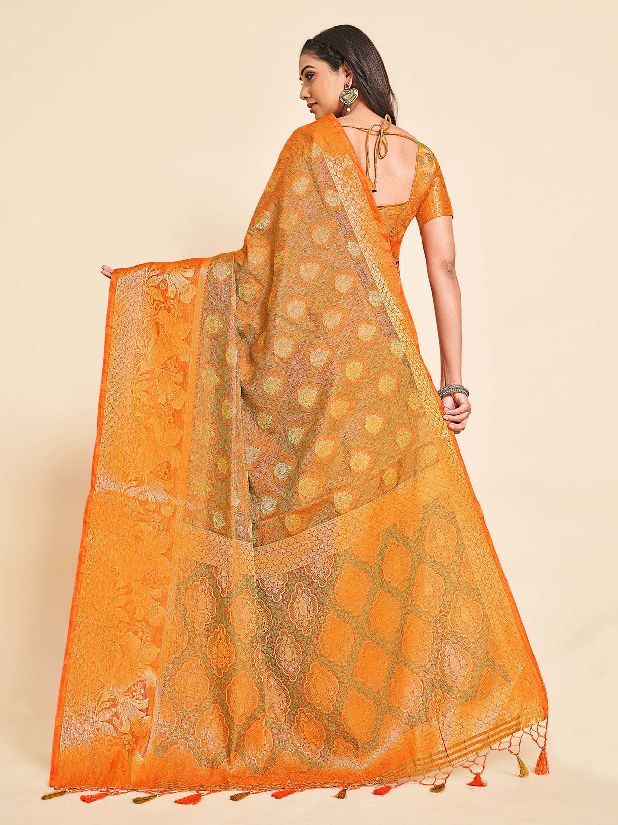 Mimosa Womens Art Silk Saree Kanjivaram Orange Color