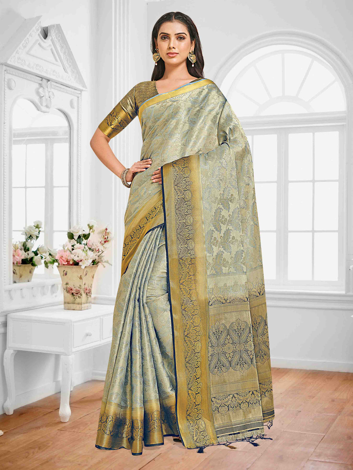 Mimosa Womens Art Silk Saree Kanjivaram Grey Color