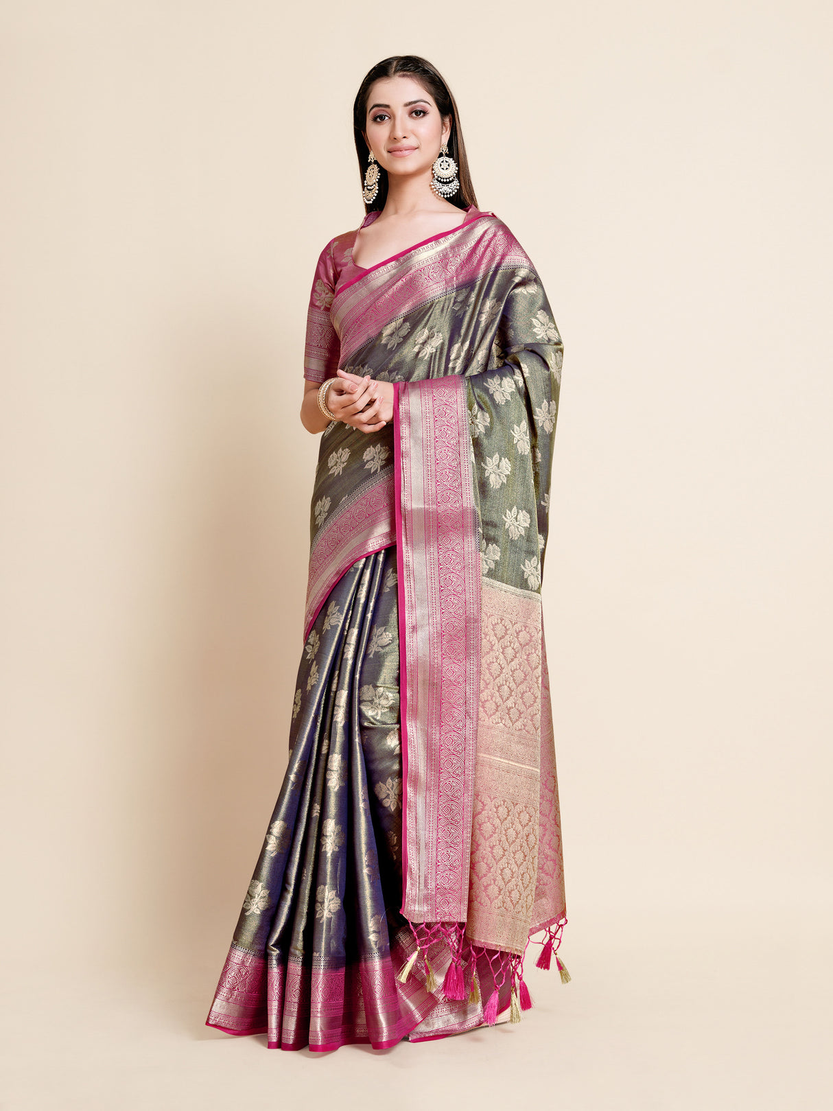 Mimosa Womens Art Silk Saree Kanjivaram Navy Blue Color