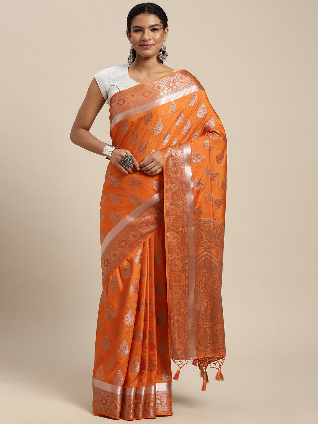 Mimosa Womens Art Silk Saree Kanjivaram Orange Color