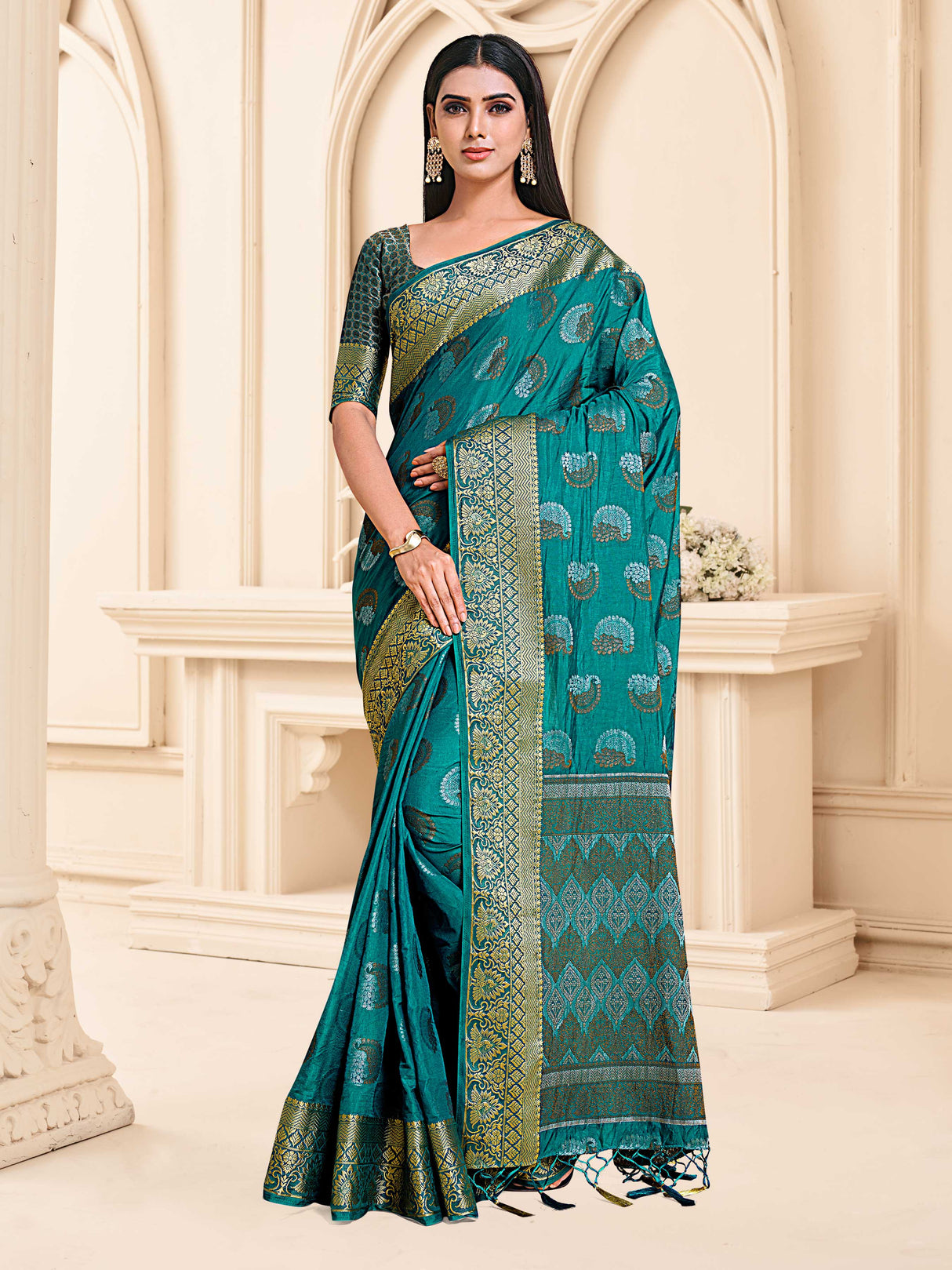 Mimosa Womens Art Silk Saree Kanjivaram Saffire Color