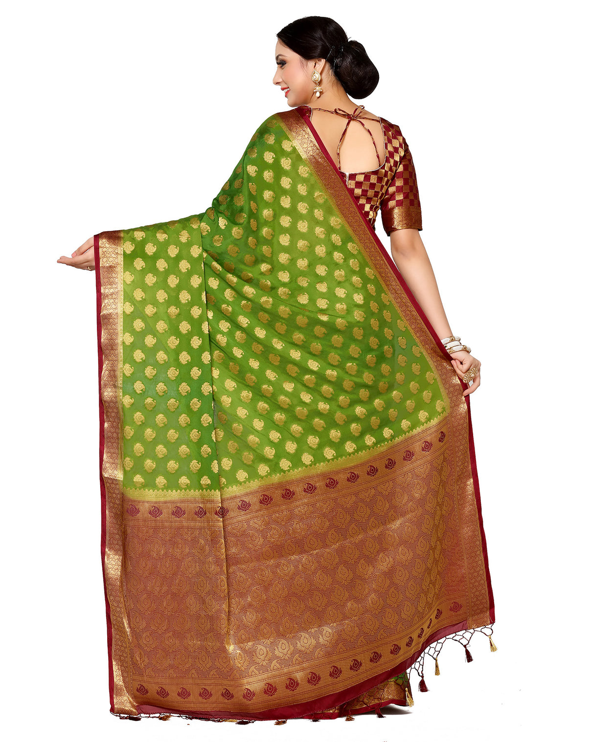 Mimosa Womens Crepe Saree Mysore Silk Olive Color