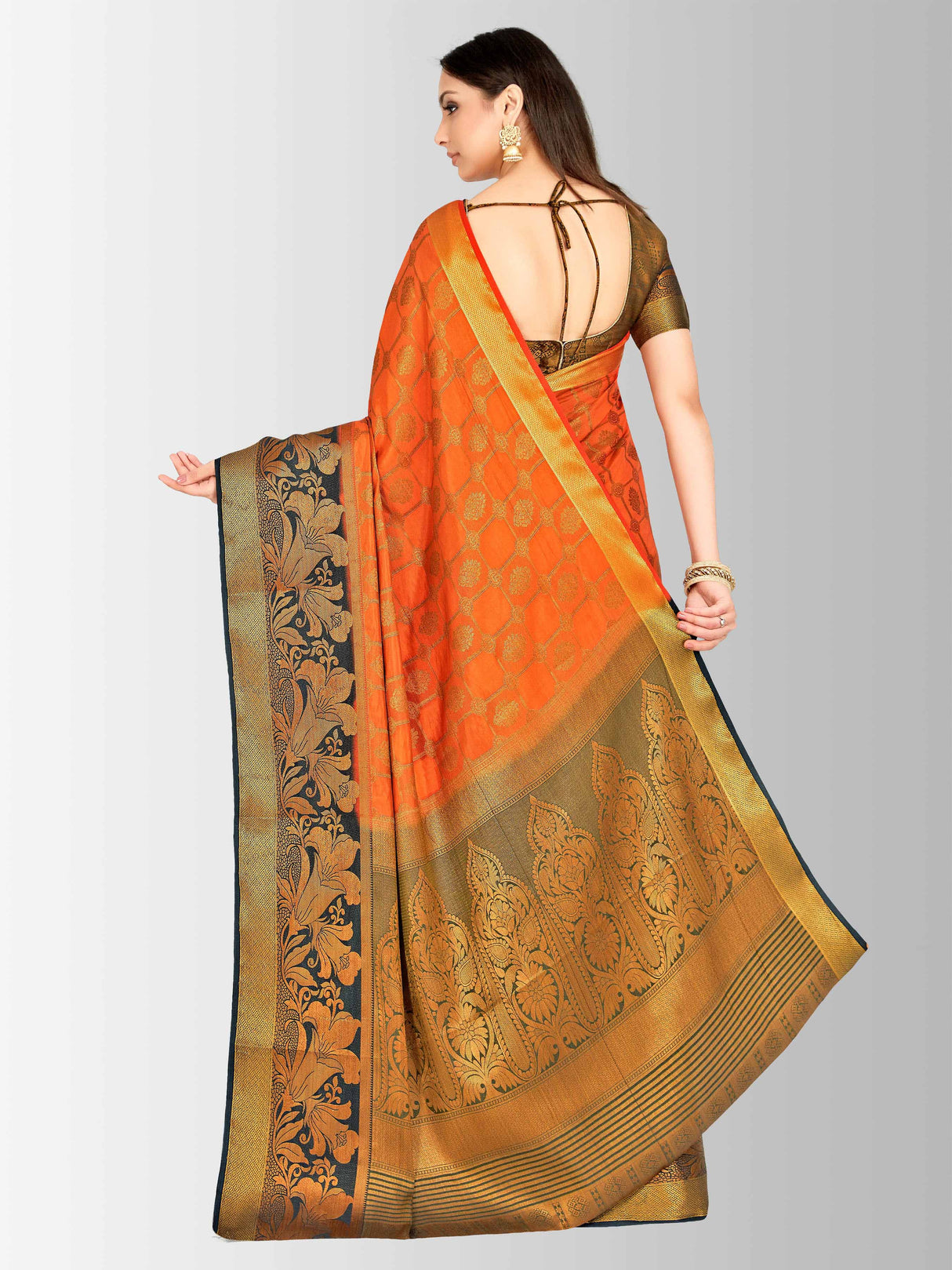 Mimosa Womens Art Silk Saree Kanjivaram Orange Color
