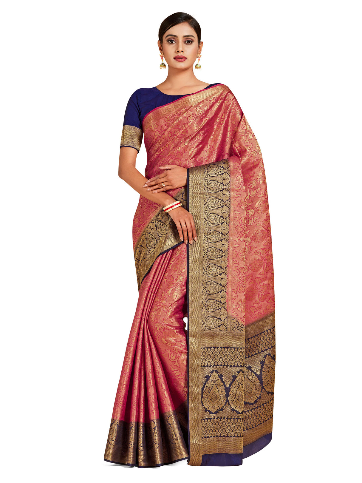Mimosa Womens Art Silk Saree Kanjivaram Strawberry Color
