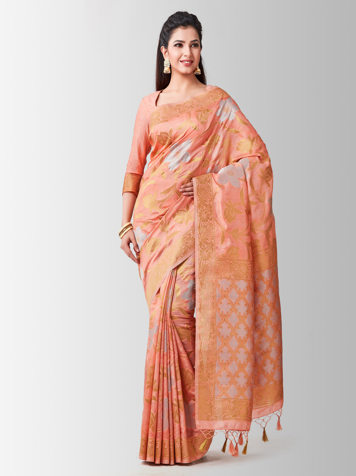 Mimosa Womens Art Silk Saree Kanjivaram Peach Color
