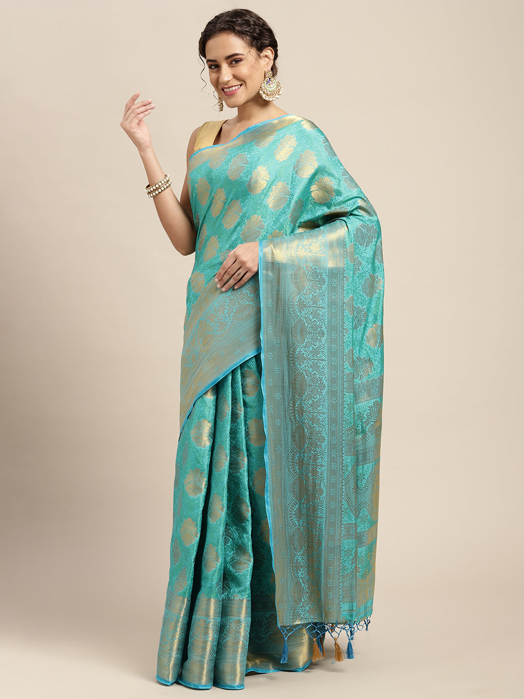 Mimosa Womens Art Silk Saree Kanjivaram Saffire Color