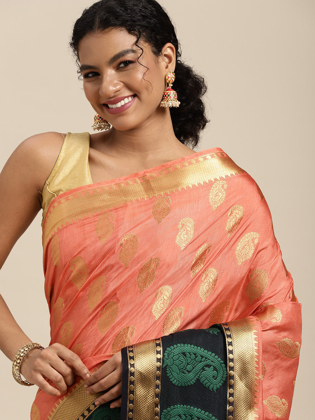 Mimosa Womens Art Silk Saree Kanjivaram Peach Color