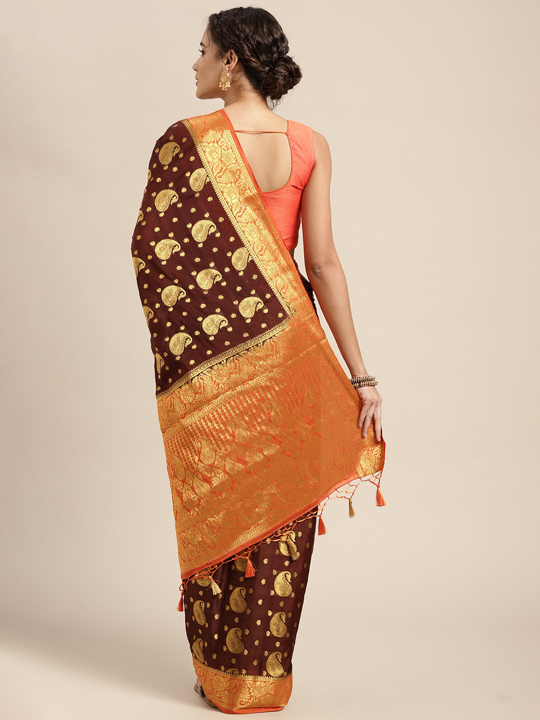 Mimosa Womens Crepe Saree Mysore Silk Chocolate Color