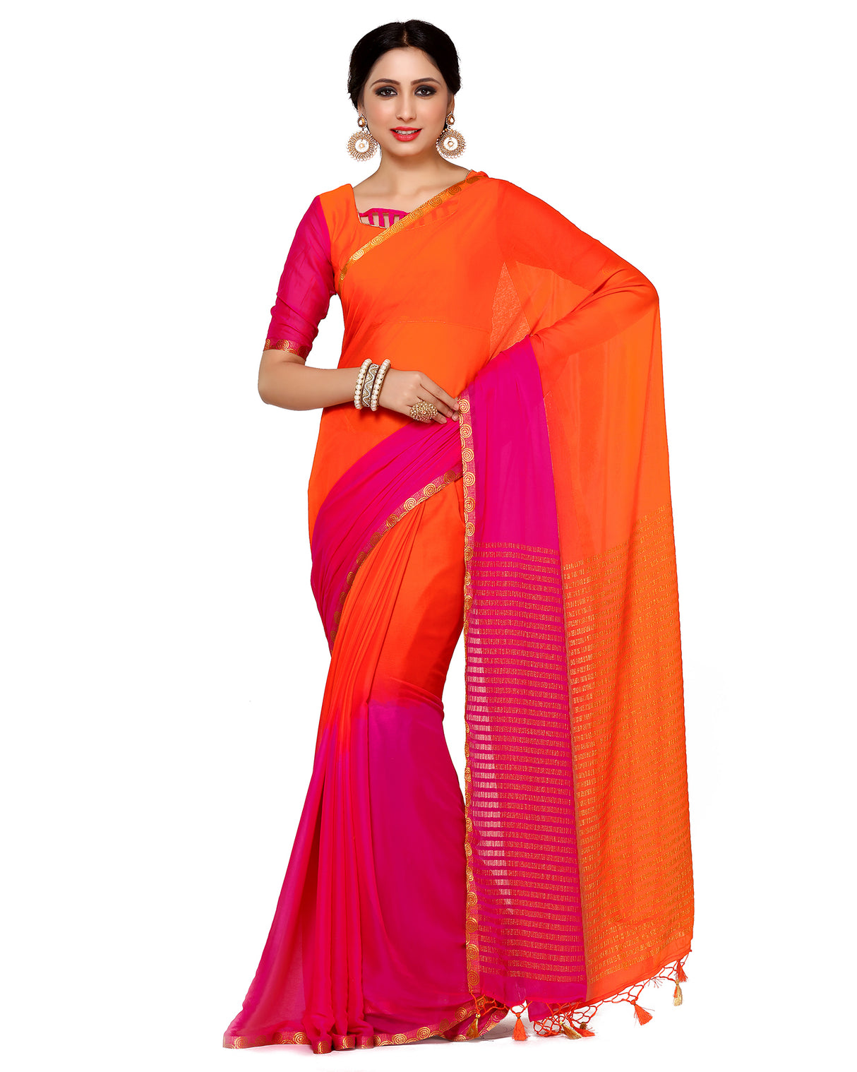 Mimosa Womens Chiffon Saree Kanjivaram Orange Color