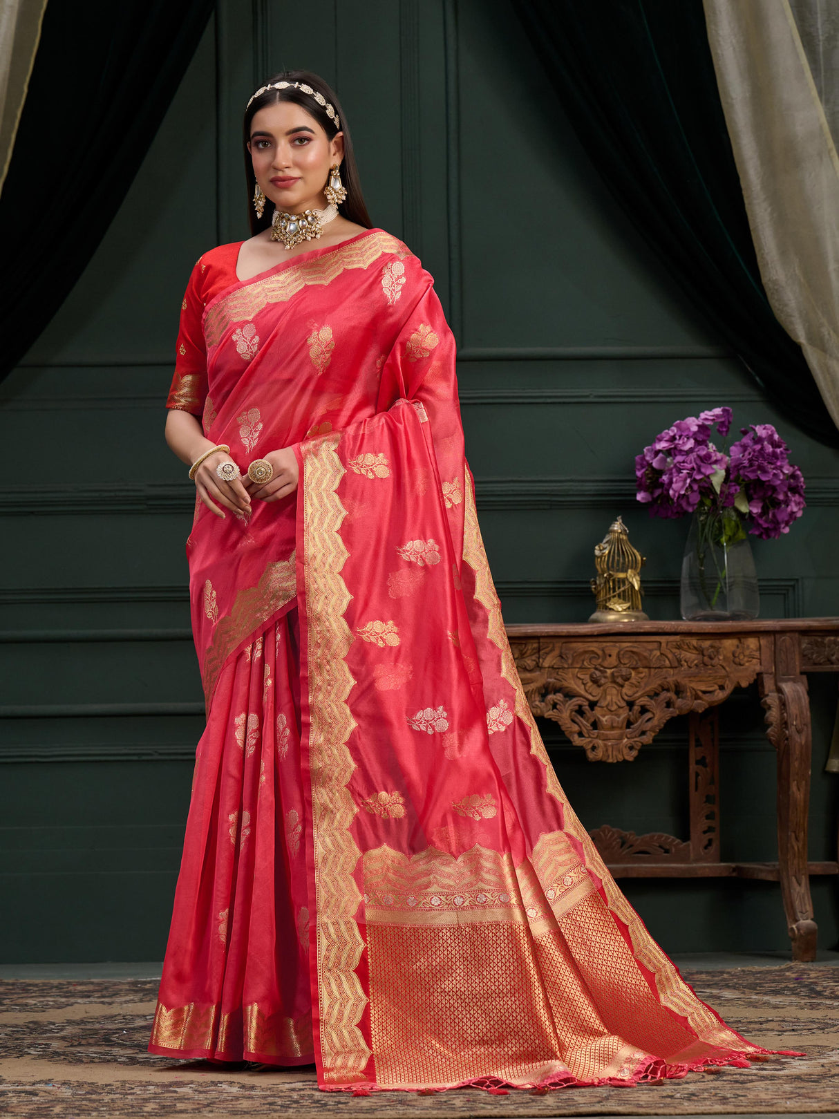 Mimosa Women's Woven Design Banarasi Orgenza Saree With Blouse Piece : SA0000864ST
