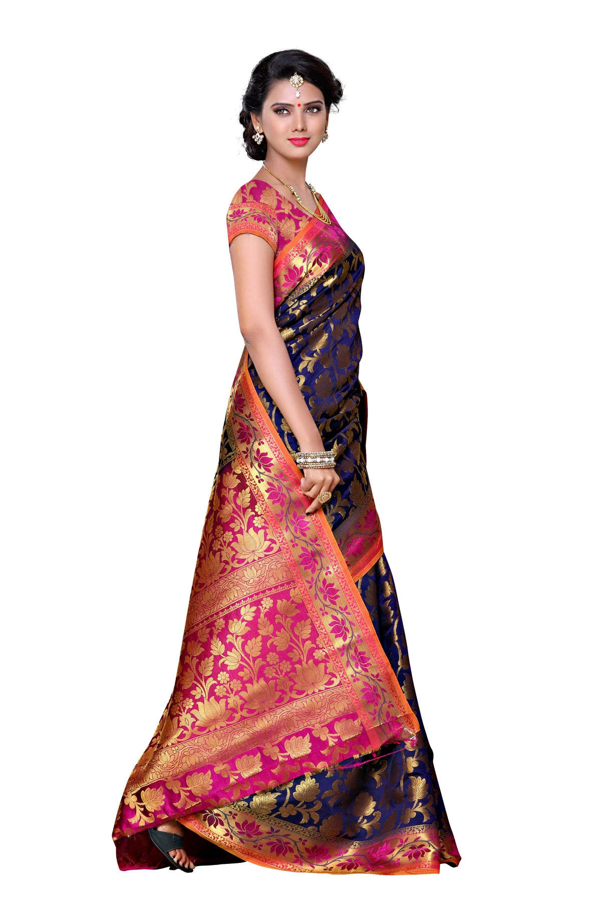 Mimosa Womens Art Silk Saree Kanjivaram Navy Blue Color