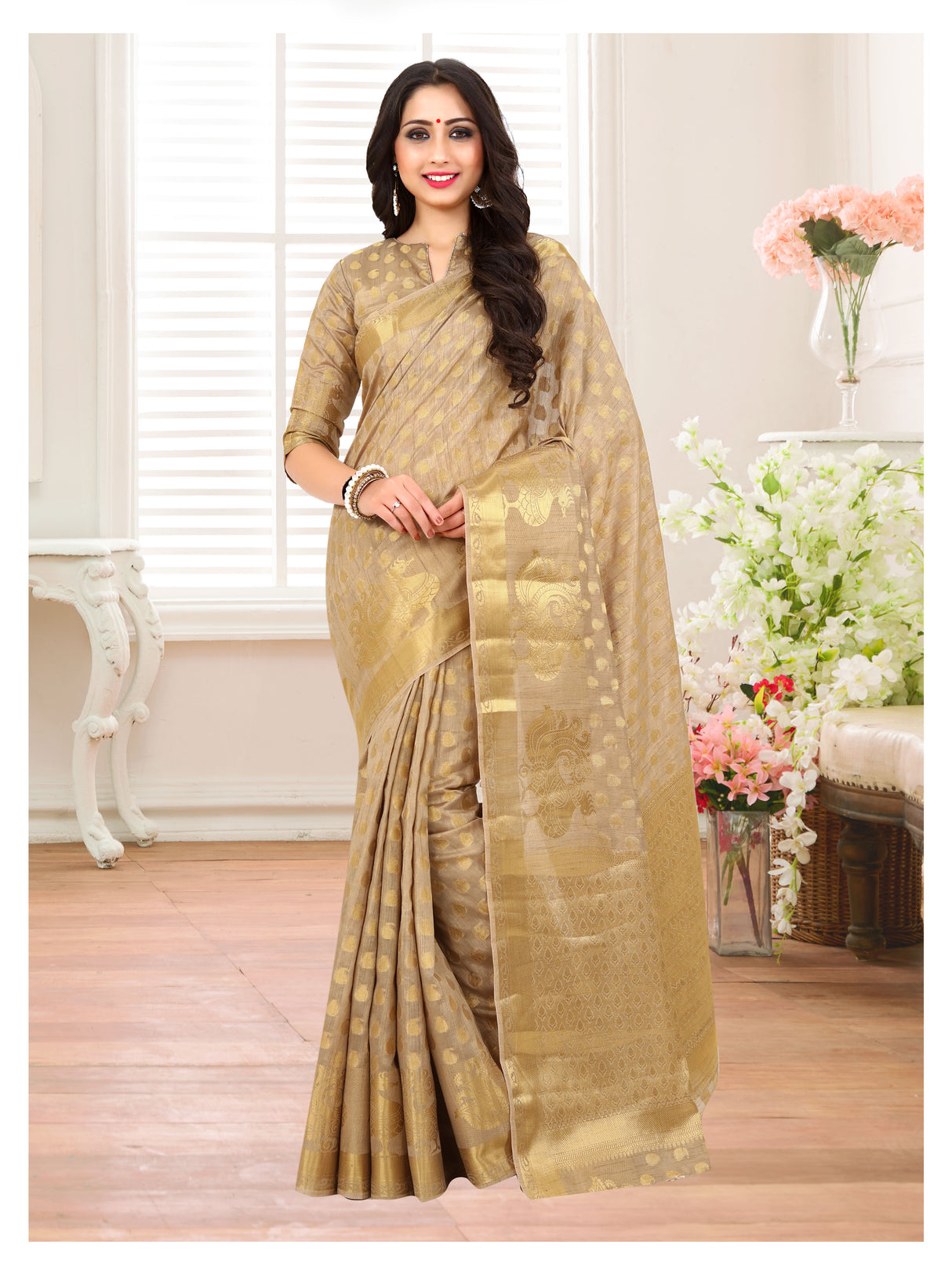 Mimosa Womens Art Silk Saree Kanjivaram Chiku Color