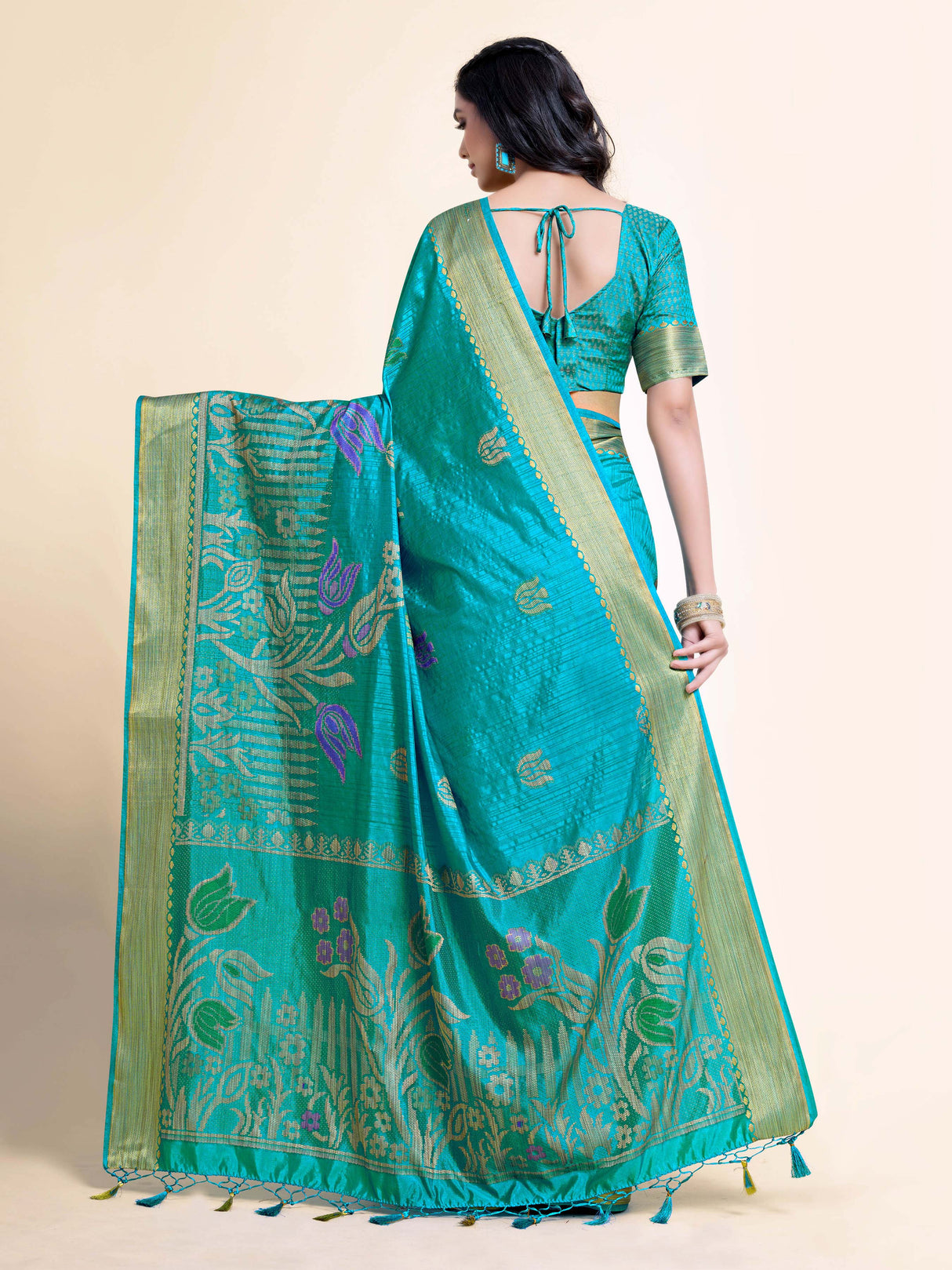 Mimosa Womens Art Silk Saree Kanjivaram style Saffire Color