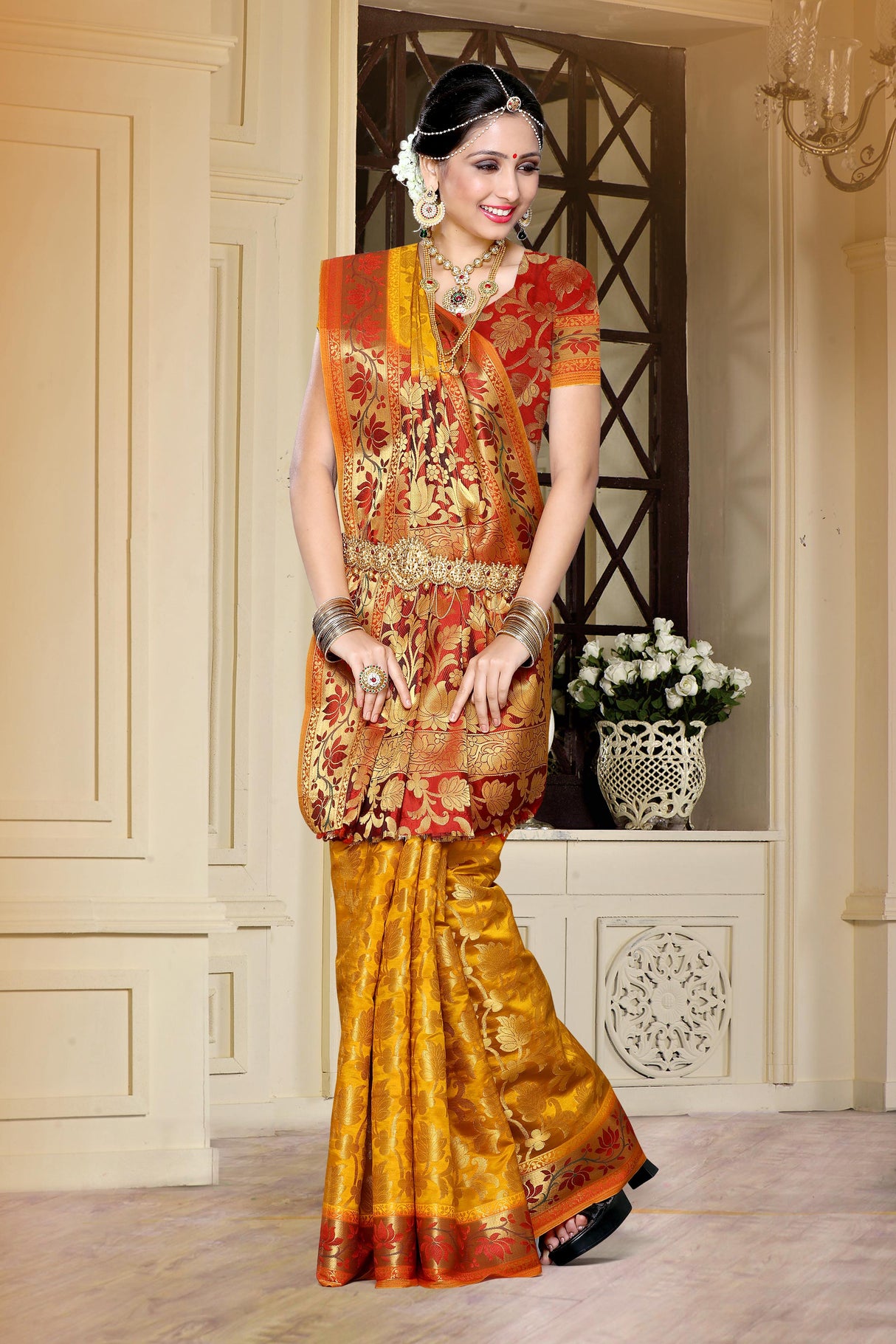 Mimosa Womens Art Silk Saree Kanjivaram Gold Color