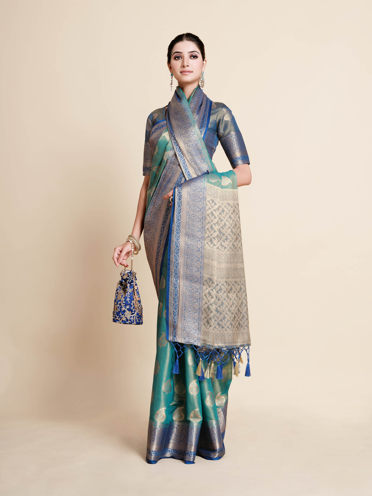 Mimosa Womens Art Silk Saree Kanjivaram Saffire Color