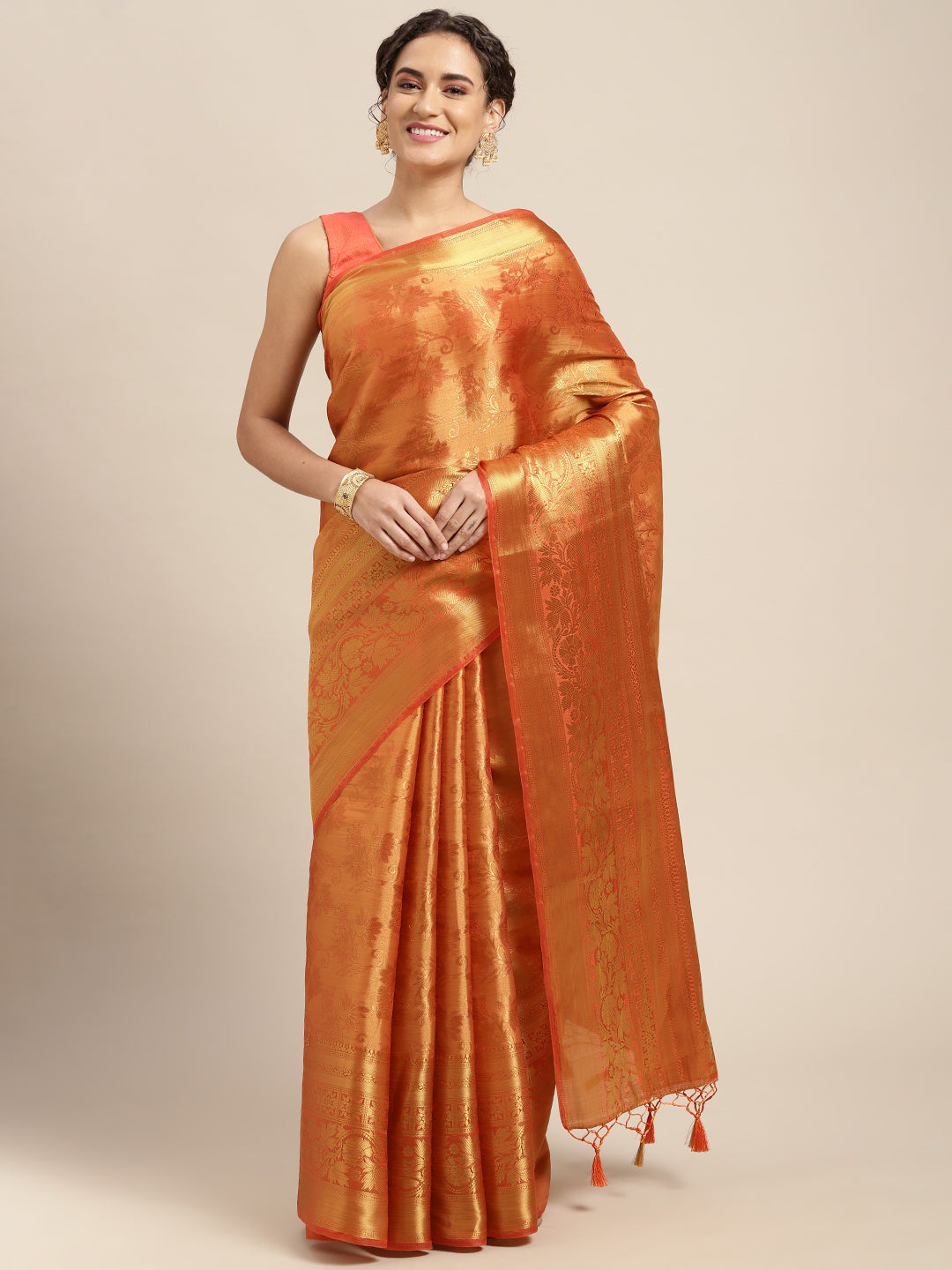 Mimosa Womens Art Silk Saree Kanjivaram Orange Color