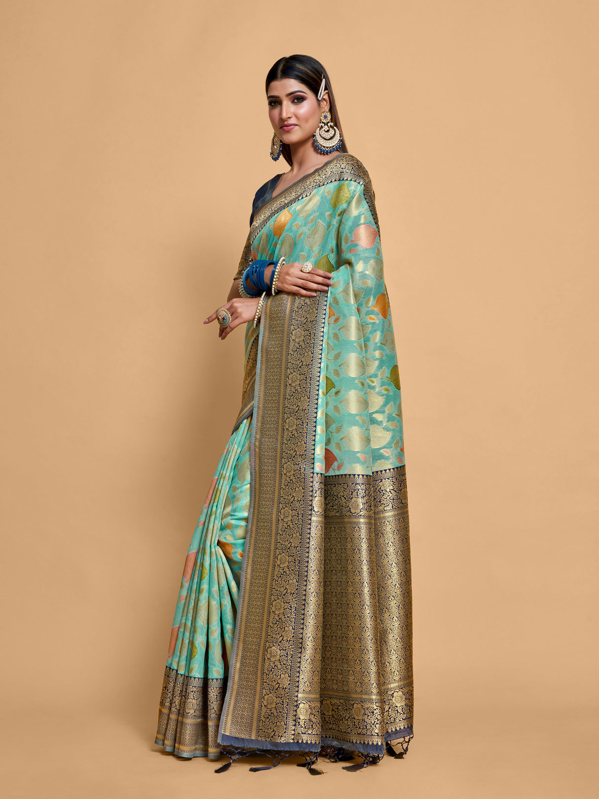 Mimosa Women's Woven Design Kanjivaram Linen Saree With Blouse Piece : SA00001236SFFREE