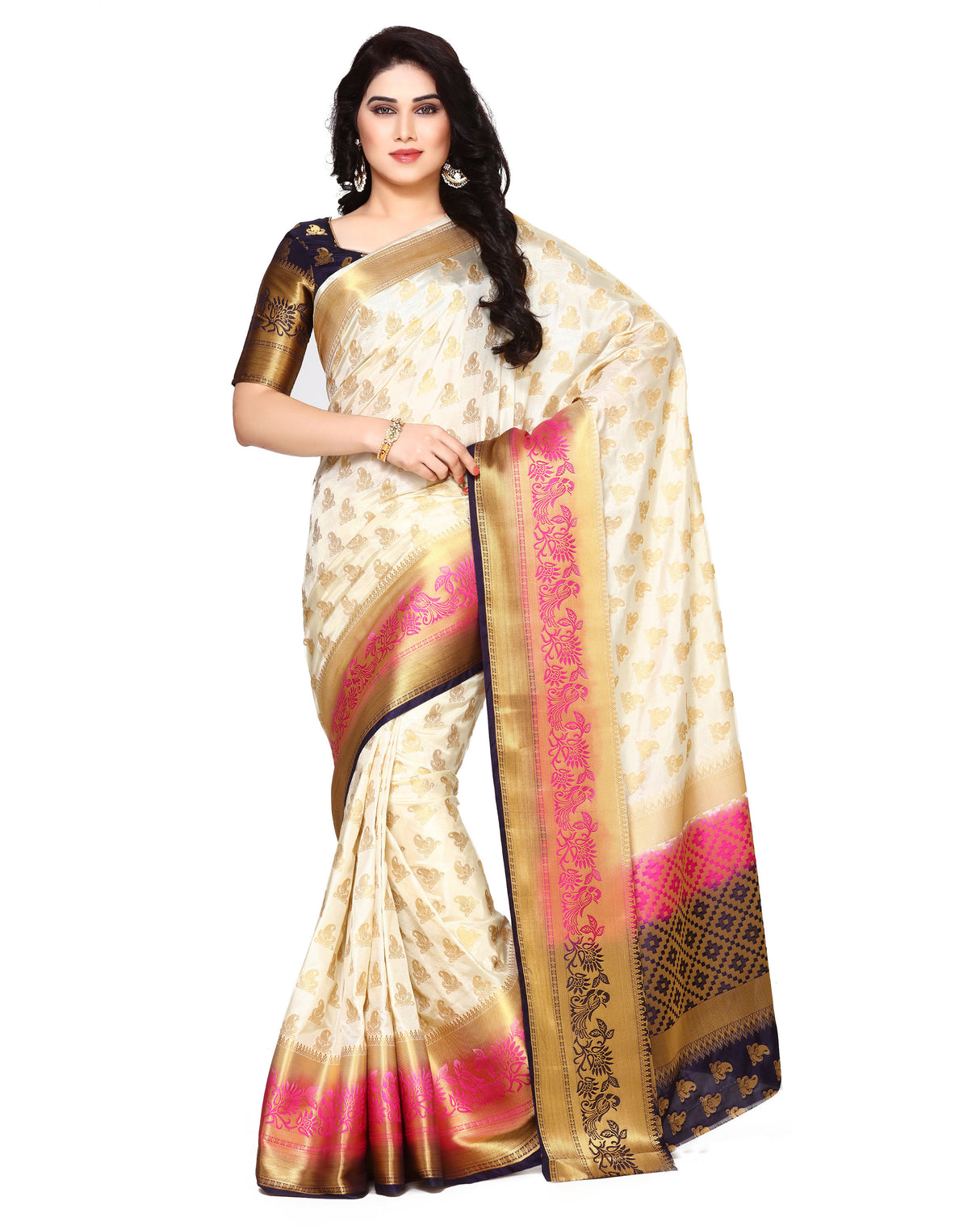 Mimosa Womens Art Silk Saree Kanjivaram Halfwhite Color
