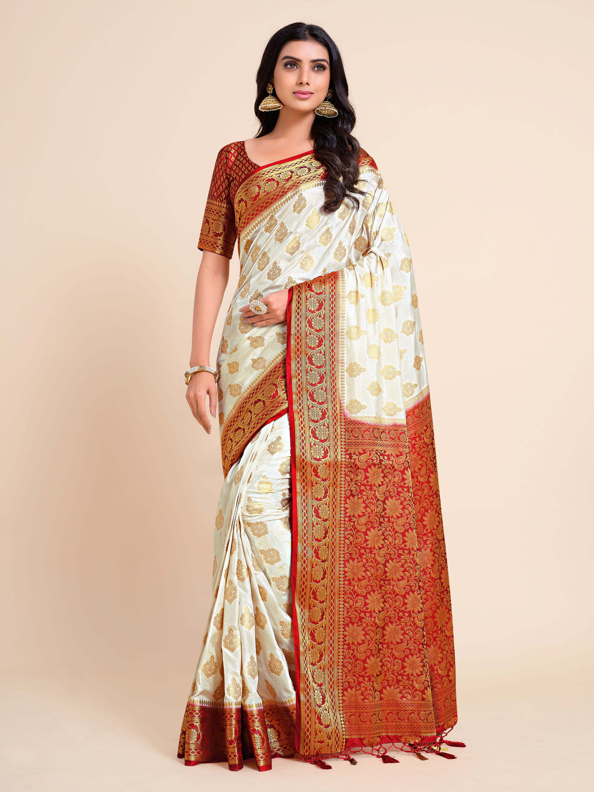 Mimosa Womens Art Silk Saree Kanjivaram Halfwhite Color