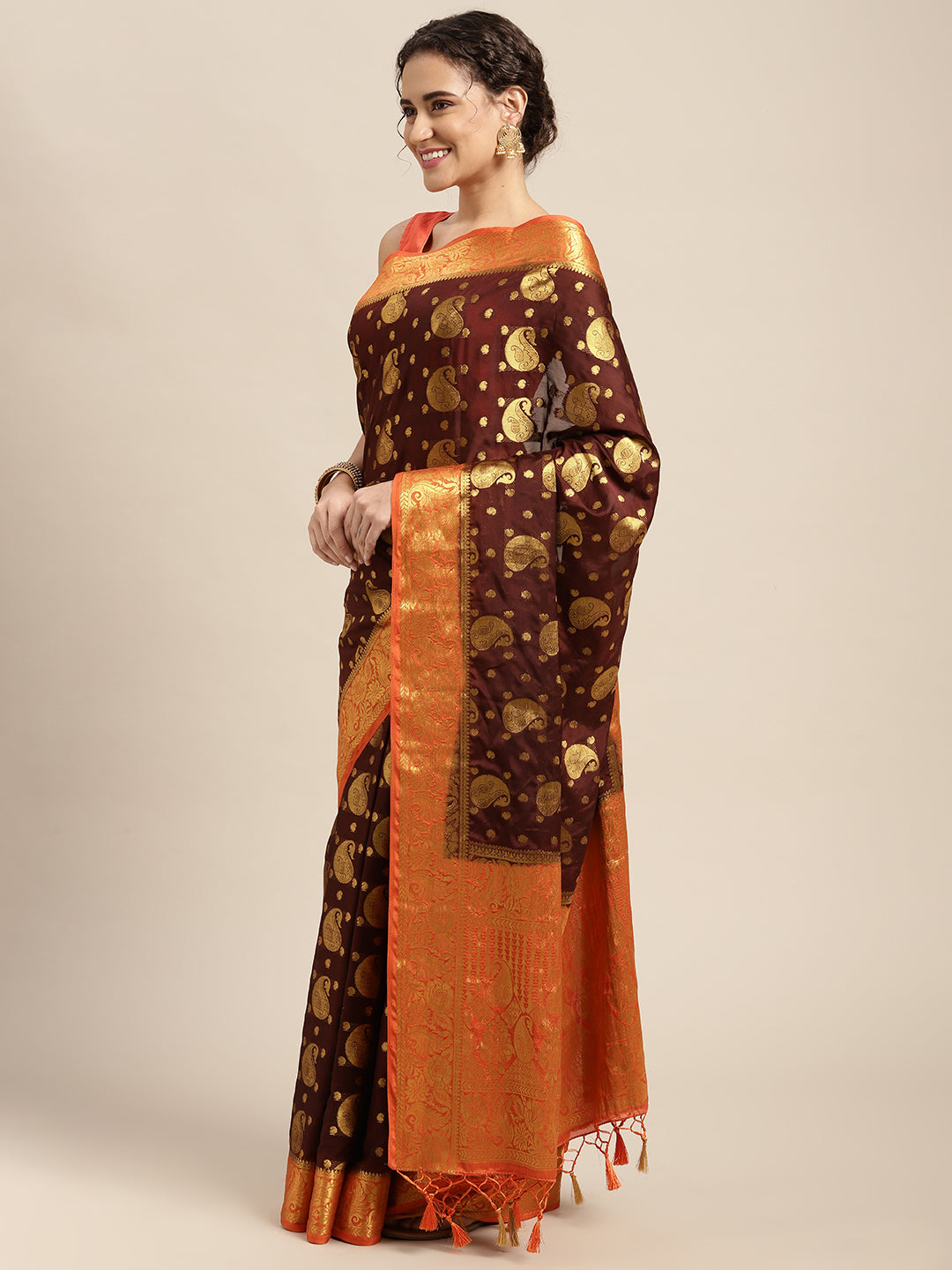 Mimosa Womens Crepe Saree Mysore Silk Chocolate Color
