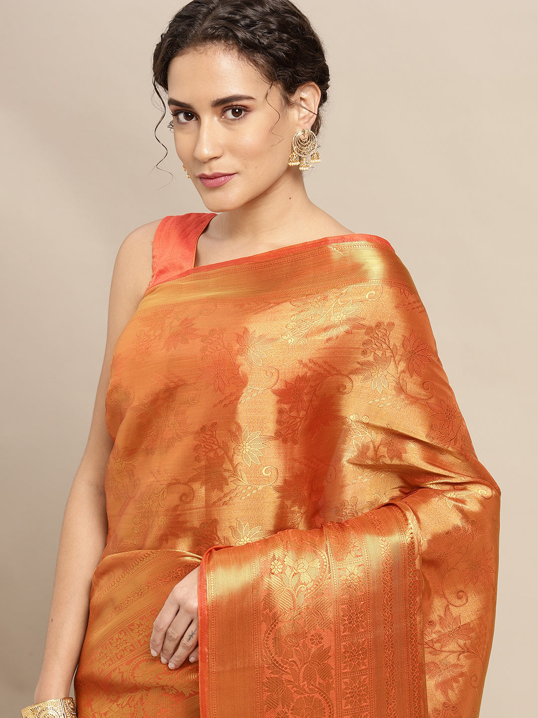 Mimosa Womens Art Silk Saree Kanjivaram Orange Color