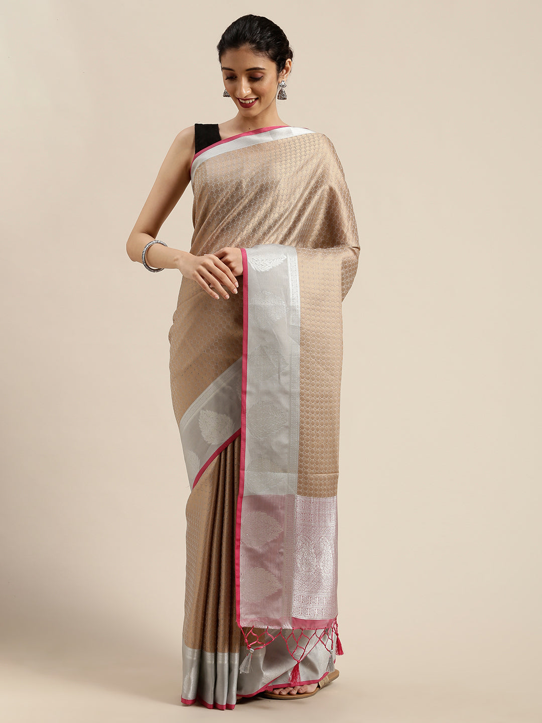 Mimosa Womens Art Silk Saree Banarasi style Chiku Color