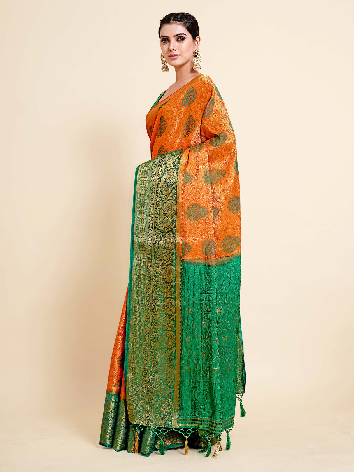 Mimosa Womens Art Silk Saree Kanjivaram Orange Color
