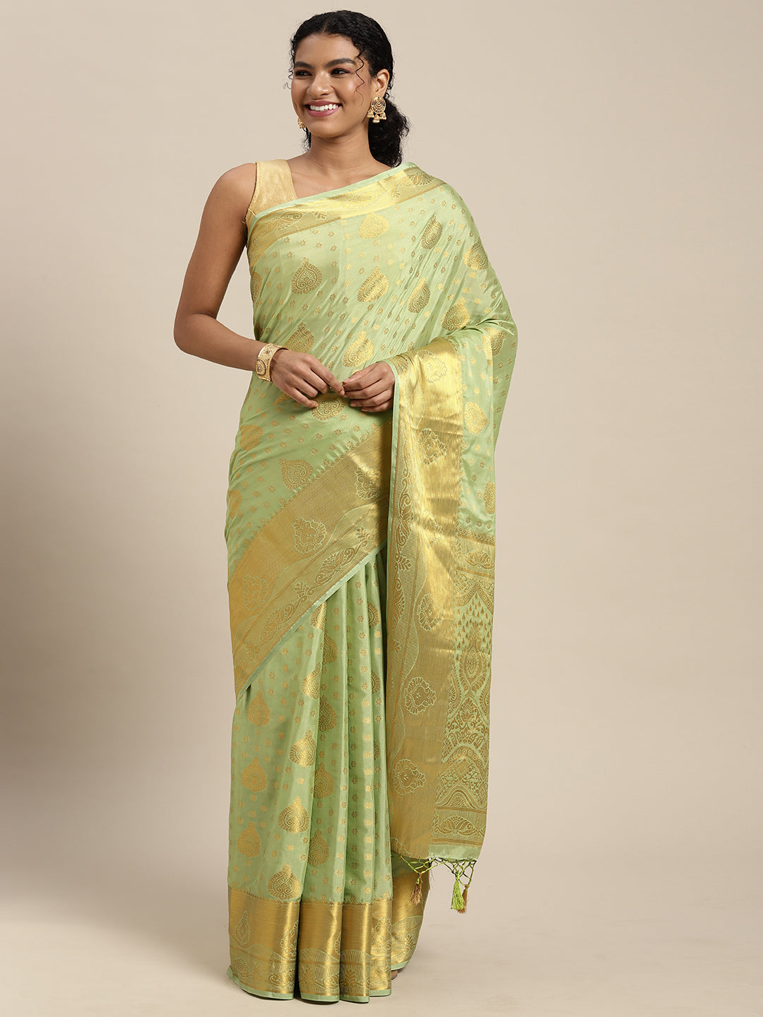 Mimosa Womens Crepe Saree Mysore Silk Pista Color