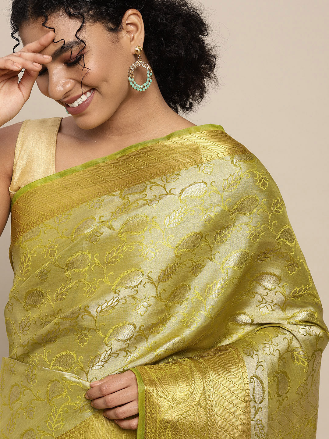 Mimosa Womens Art Silk Saree Kanjivaram Olive Color