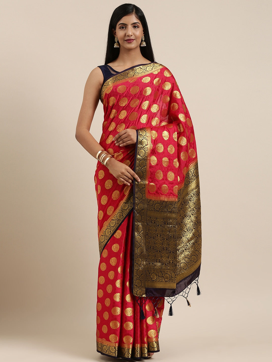 Mimosa Womens Crepe Saree Mysore Silk Strawberry Color