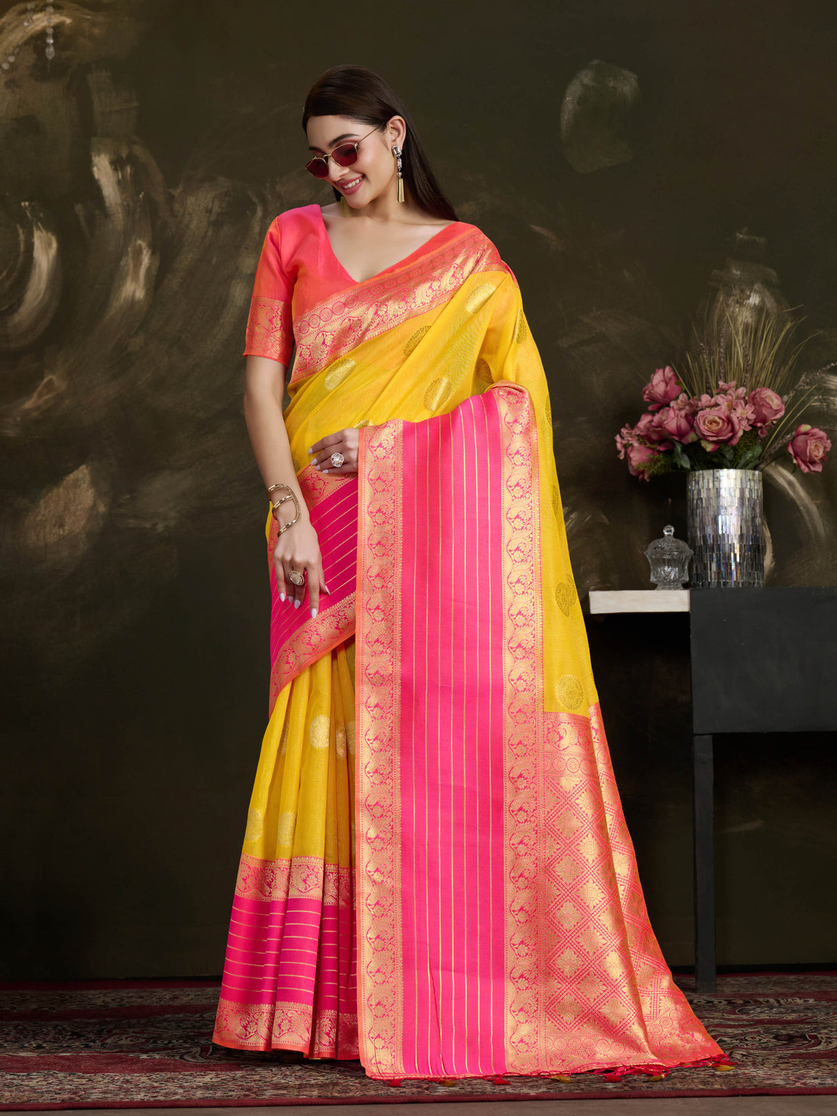 Mimosa Women's Woven Design Kanjivaram Style Art Silk Saree With Blouse Piece : SA0000869GD