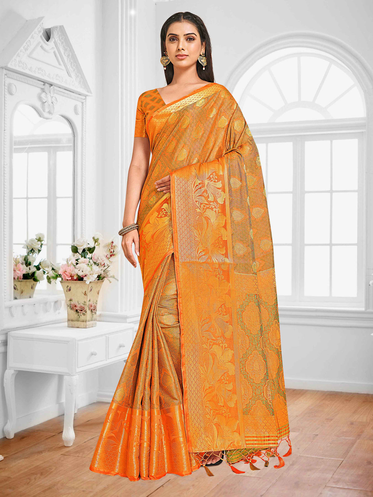 Mimosa Womens Art Silk Saree Kanjivaram Orange Color