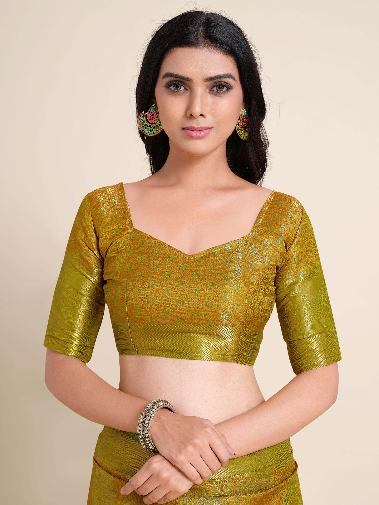 Mimosa Womens Art Silk Saree Kanjivaram Olive Color