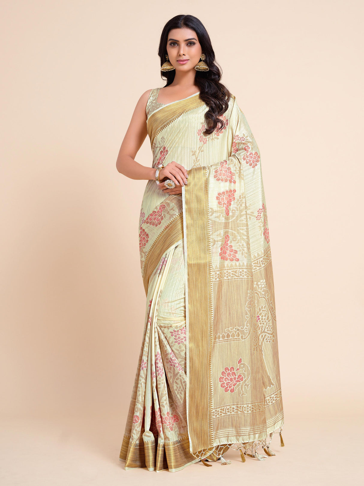 Mimosa Womens Art Silk Saree Kanjivaram style Cream Color