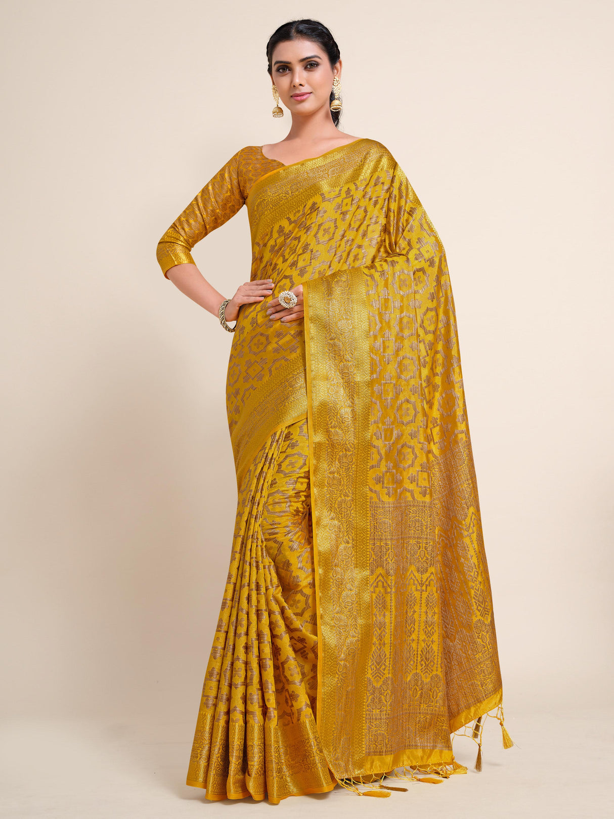 Mimosa Womens Art Silk Saree Kanjivaram Gold Color